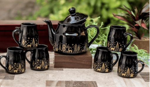 ROXX Pure Ceramic Pastel Flask Microwave Safe Tea/Coffee Cups with Kettle Morning Set Ideal for Friends, Anniversary, Valentine Day, Birthday/1 Kettle + 6 Tea Cups (Multicolor) (Black) - Image 2